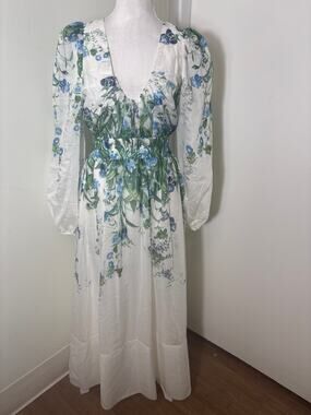 Sheike White Green Floral Long Sleeve Maxi Dress Sz 8